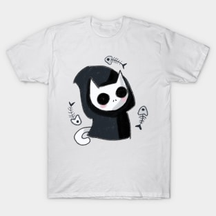 Cute grim reaper cat with fish T-Shirt